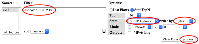 Flows to one host, grouped by SRC IP address