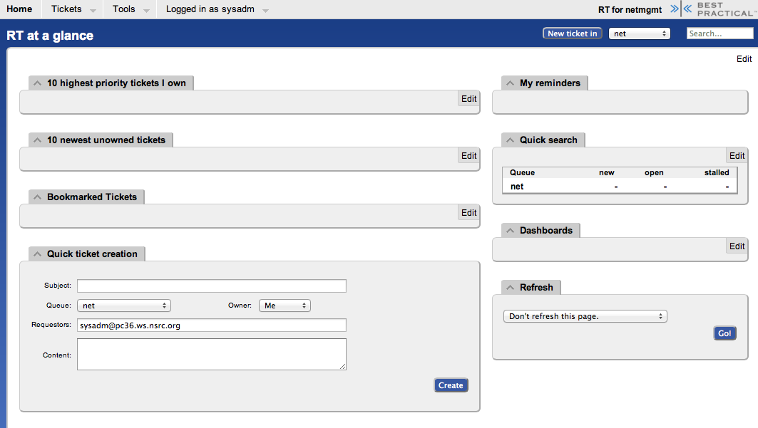 Main page view for sysadm