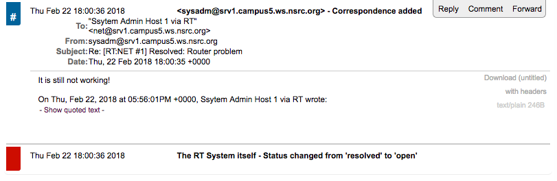 Ticket history showing reply