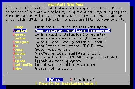 Sysinstall main menu